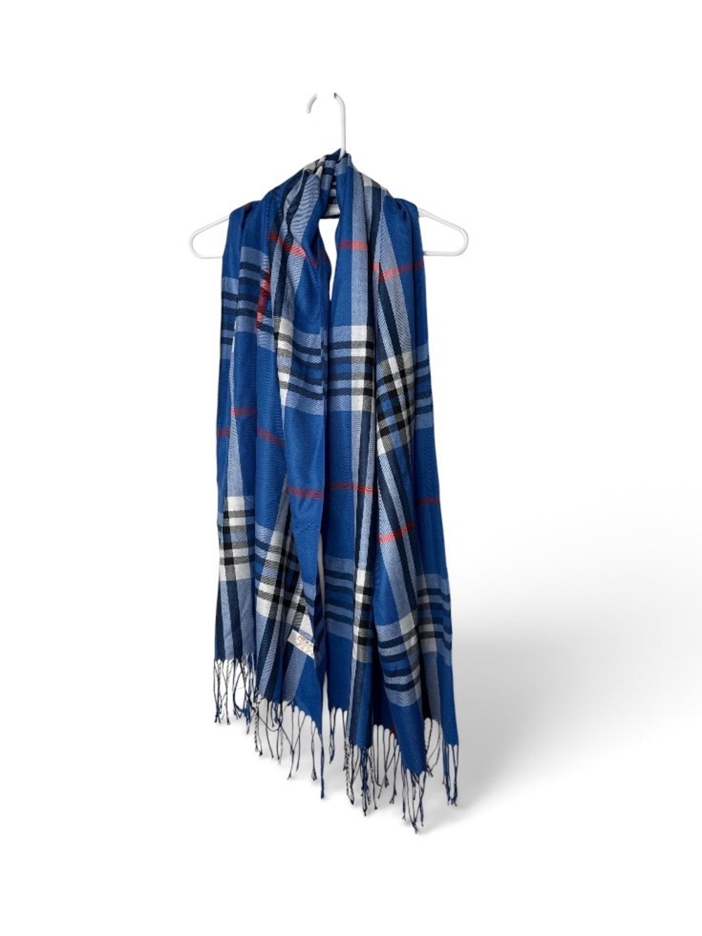 PASHMINA Silk Scarf Blue Black Red Plaid Tartan Fringe Winter Cozy Classic